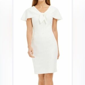 Calvin Klein Women’s White Caplet Sheeth Dress Midi Lined Back Zip 14 EUC